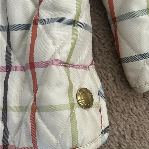Coach Ivory Quilted Plaid Puffer Jacket with Multicolor Stripes - Picture 6 of 7